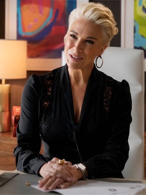 Hannah Waddingham Black Neck-Tie Silk Blouse