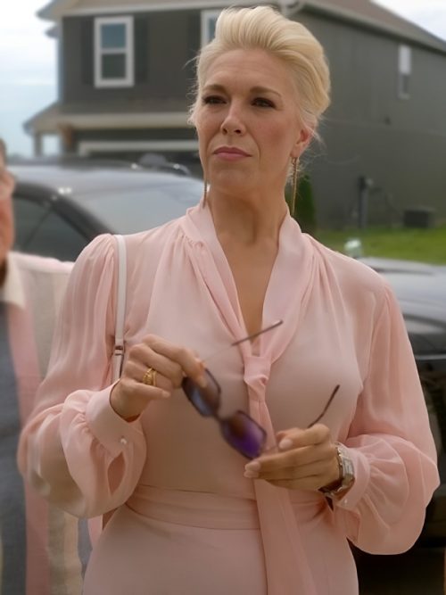 Hannah Waddingham Pink Tie-Neck Silk Blouse