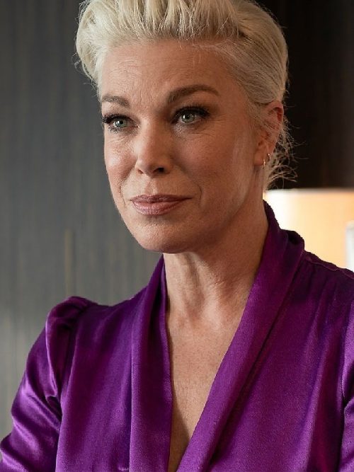 Hannah Waddingham Purple Neck Tie Blouse